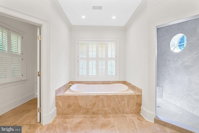 bathroom with crown molding and shower with separate bathtub