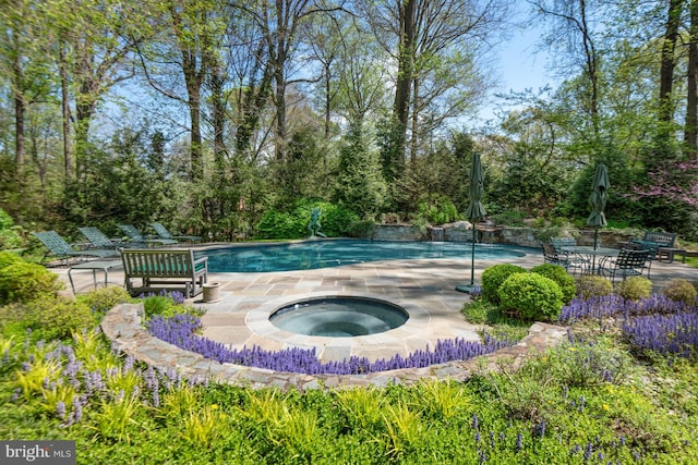 view of pool featuring a patio area and an in ground hot tub