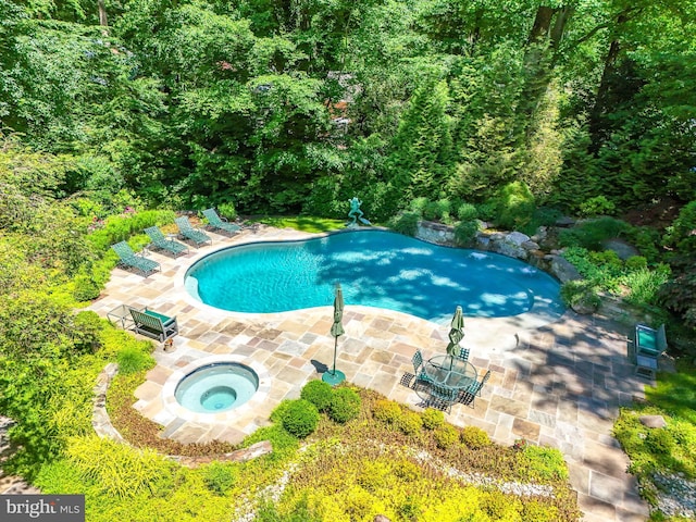 view of swimming pool featuring an in ground hot tub and a patio