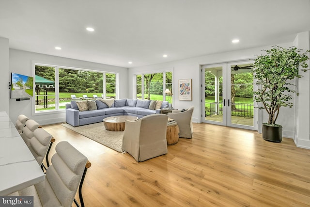 living room with light hardwood / wood-style flooring and french doors