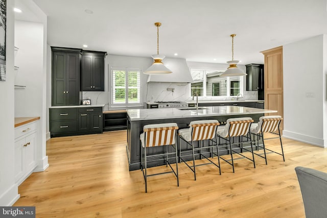 kitchen featuring decorative light fixtures, premium range hood, and tasteful backsplash