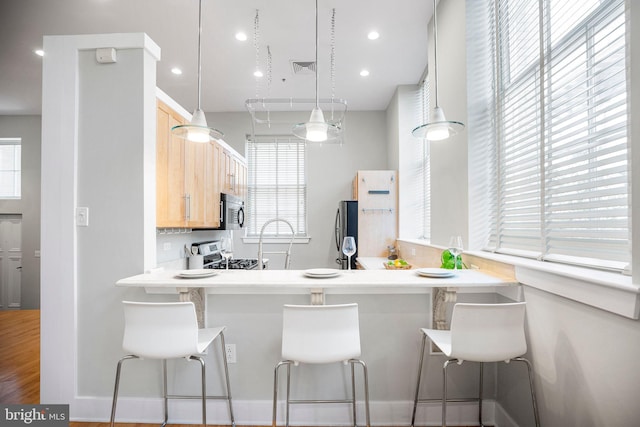 kitchen featuring appliances with stainless steel finishes, decorative light fixtures, and a wealth of natural light