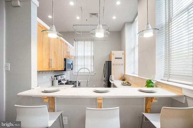 kitchen with a wealth of natural light, hanging light fixtures, and appliances with stainless steel finishes