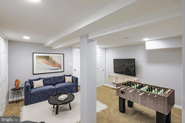 recreation room featuring carpet flooring