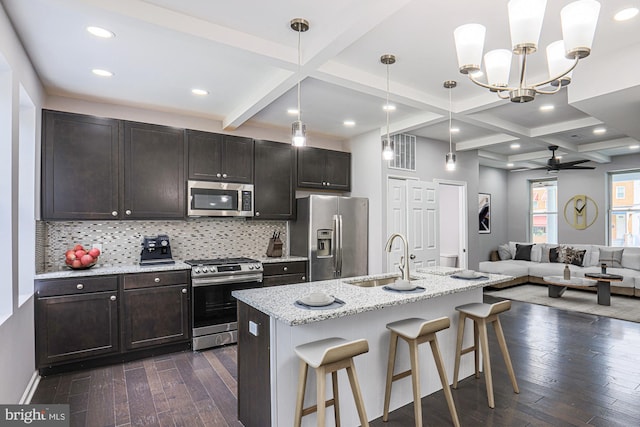 kitchen featuring sink, an island with sink, dark hardwood / wood-style floors, and appliances with stainless steel finishes