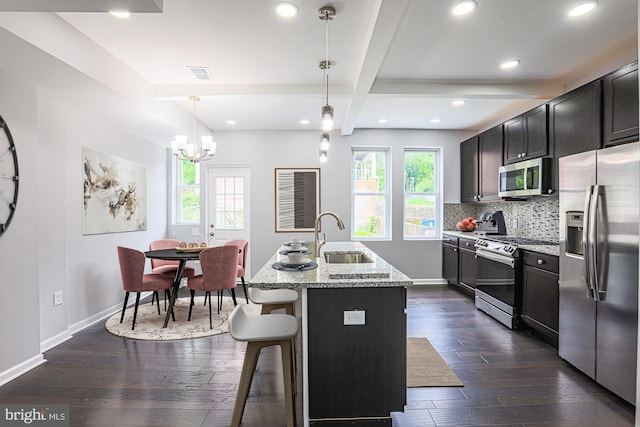 kitchen featuring sink, dark wood-type flooring, hanging light fixtures, an island with sink, and appliances with stainless steel finishes