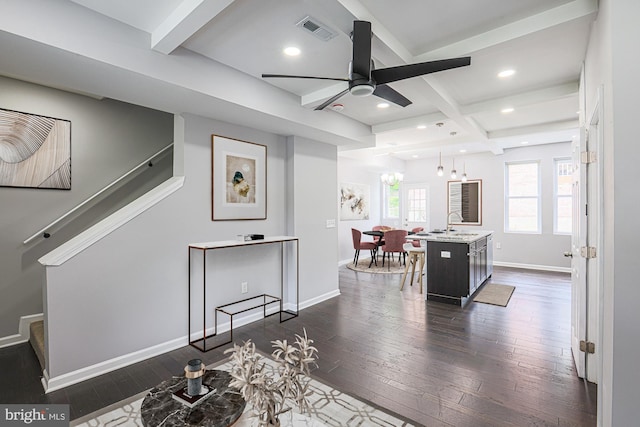 interior space featuring ceiling fan with notable chandelier, beam ceiling, dark hardwood / wood-style flooring, and coffered ceiling