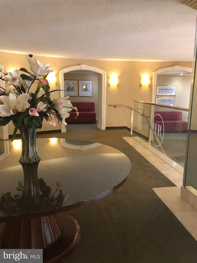 interior space featuring carpet floors and a textured ceiling