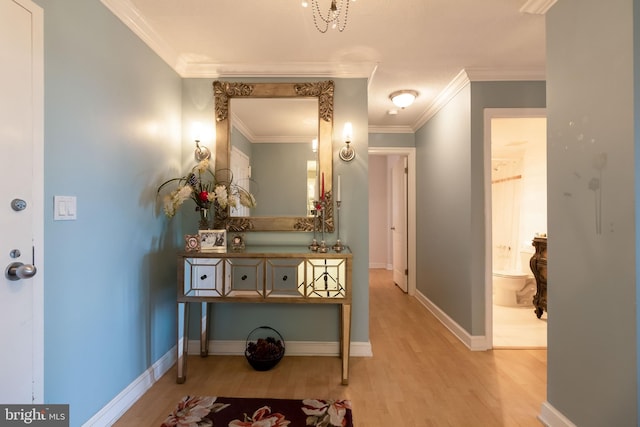 hall featuring ornamental molding and light wood-type flooring