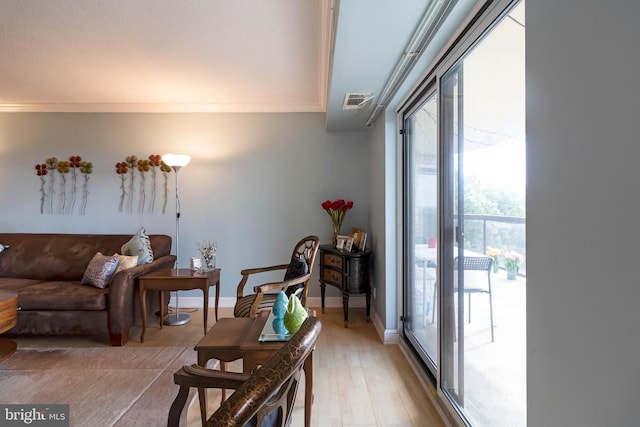 interior space with light hardwood / wood-style floors and crown molding