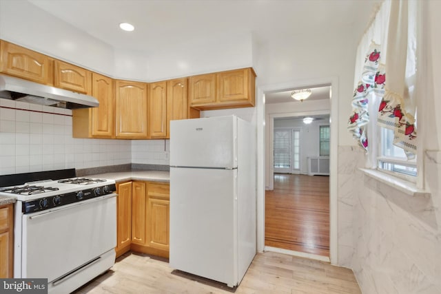 kitchen with white appliances, light hardwood / wood-style floors, plenty of natural light, and range hood