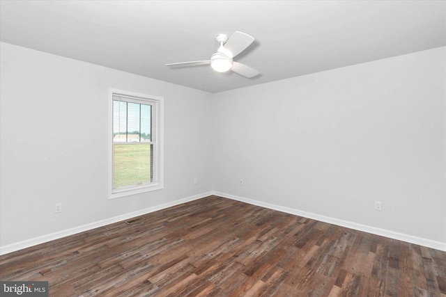 empty room featuring ceiling fan and dark wood-type flooring