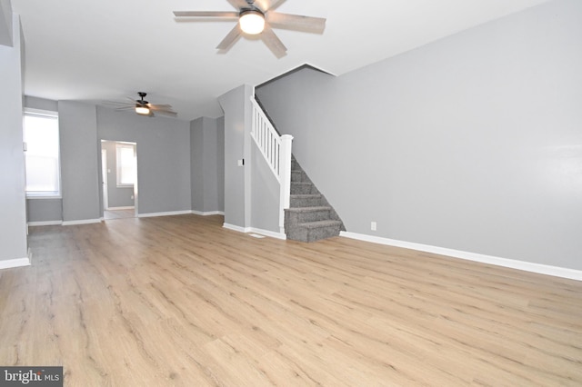 unfurnished living room featuring light wood-type flooring and ceiling fan