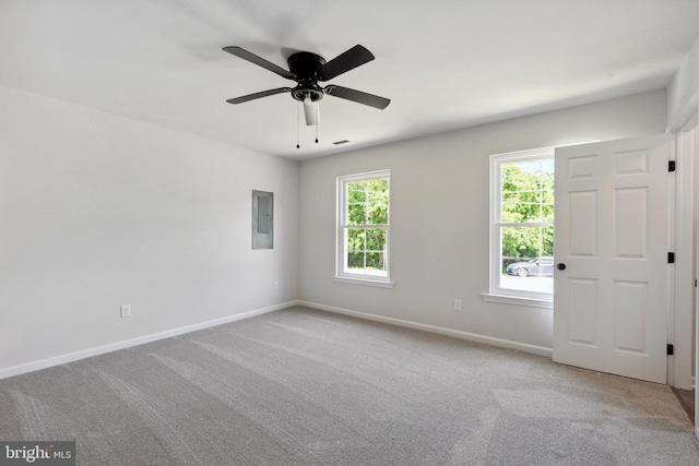 unfurnished room featuring ceiling fan and carpet floors