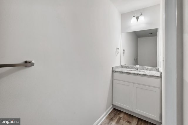 bathroom featuring hardwood / wood-style floors and vanity with extensive cabinet space