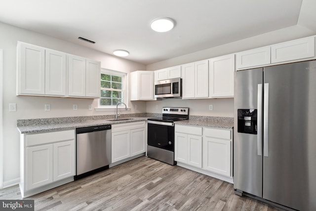 kitchen featuring light stone counters, light wood-type flooring, white cabinets, sink, and appliances with stainless steel finishes