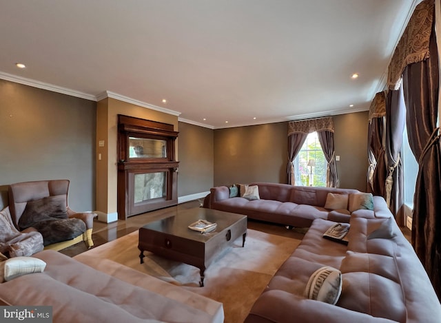 living room with ornamental molding