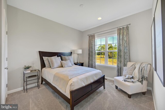 bedroom with light colored carpet