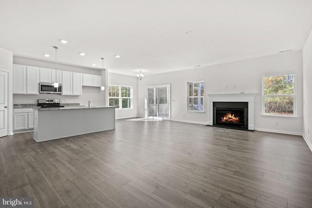 unfurnished living room with dark hardwood / wood-style floors