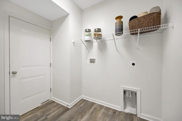 laundry room with washer hookup, electric dryer hookup, and dark hardwood / wood-style flooring