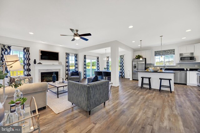 living room featuring a high end fireplace, hardwood / wood-style floors, ceiling fan with notable chandelier, and plenty of natural light