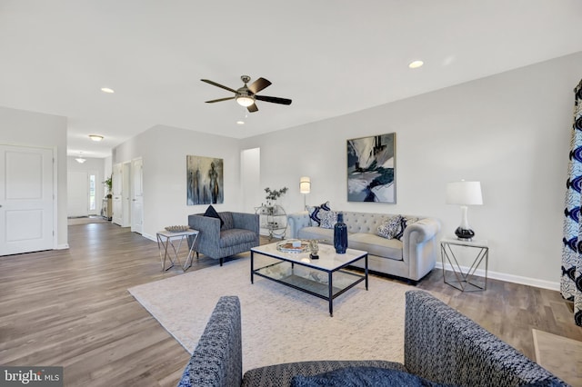 living room with ceiling fan and wood-type flooring