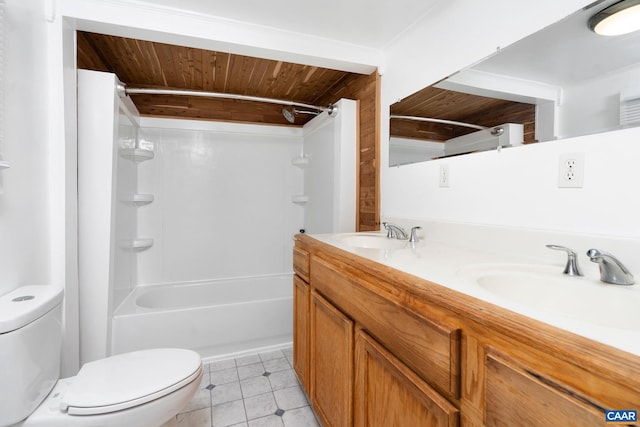 full bathroom featuring tub / shower combination, crown molding, toilet, vanity, and wood ceiling