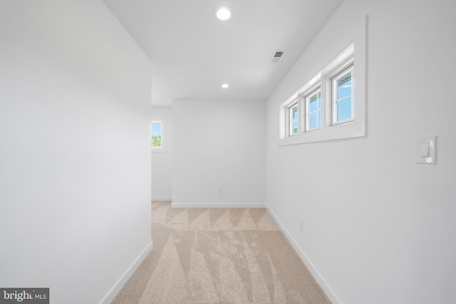 basement with light colored carpet