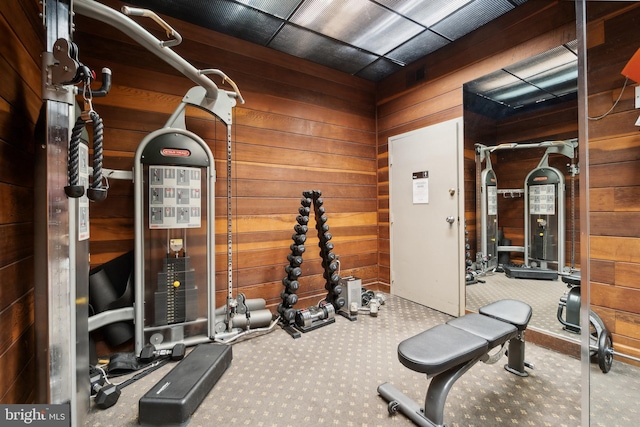 workout area featuring wood walls and carpet floors