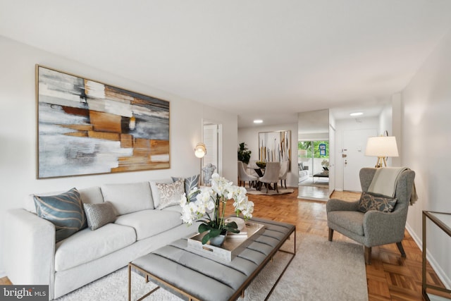 living room with parquet floors