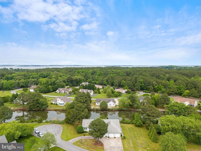 drone / aerial view featuring a water view