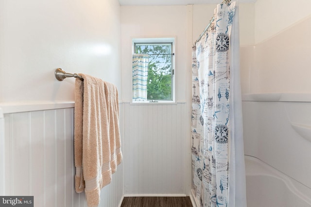 bathroom with hardwood / wood-style floors