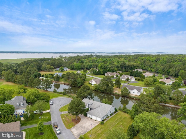 drone / aerial view featuring a water view