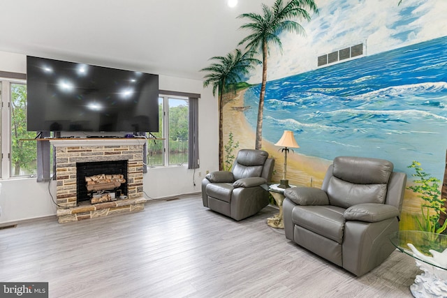 living room featuring a stone fireplace and hardwood / wood-style flooring