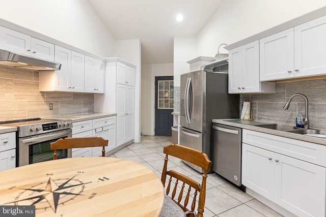 kitchen with white cabinetry, stainless steel appliances, tasteful backsplash, and sink