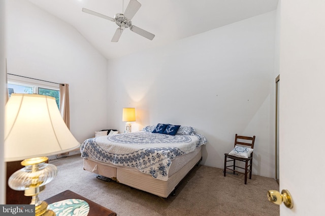 bedroom featuring vaulted ceiling, carpet, and ceiling fan