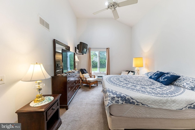 bedroom with high vaulted ceiling, carpet, and ceiling fan