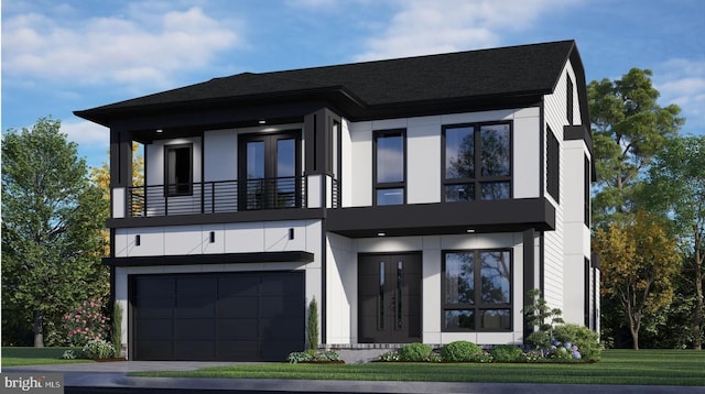 view of front of home with a garage, a balcony, and driveway