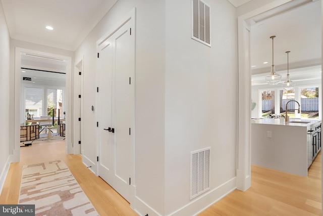 7013 Raleigh Rd, Annandale, VA 22003 - hallway featuring light wood-style floors, visible vents, and a sink