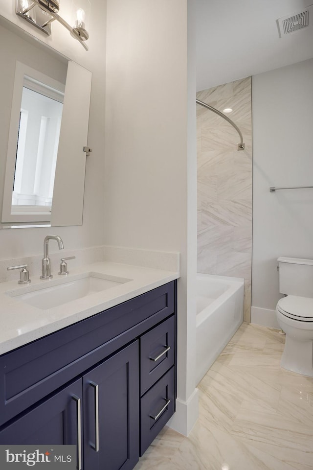 7013 Raleigh Rd, Annandale, VA 22003 - full bath with toilet, shower / bathing tub combination, visible vents, marble finish floor, and vanity