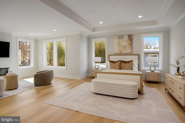 7013 Raleigh Rd, Annandale, VA 22003 - bedroom featuring recessed lighting, light wood finished floors, a raised ceiling, ornamental molding, and baseboards