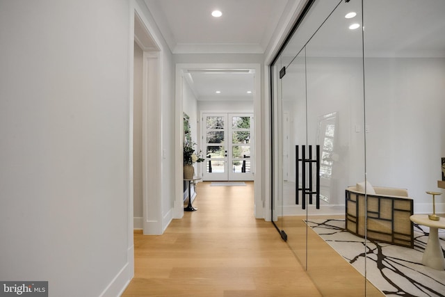 7013 Raleigh Rd, Annandale, VA 22003 - hall with french doors, recessed lighting, light wood-style floors, and crown molding