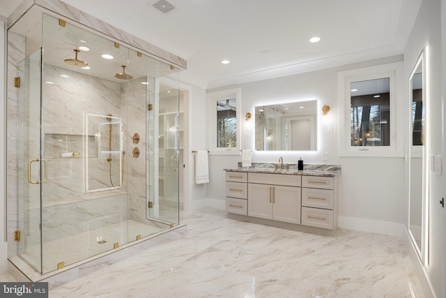 7013 Raleigh Rd, Annandale, VA 22003 - full bath featuring visible vents, vanity, baseboards, and a marble finish shower