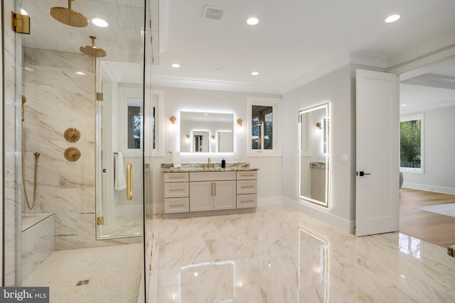 7013 Raleigh Rd, Annandale, VA 22003 - full bathroom featuring recessed lighting, marble finish floor, visible vents, vanity, and a marble finish shower