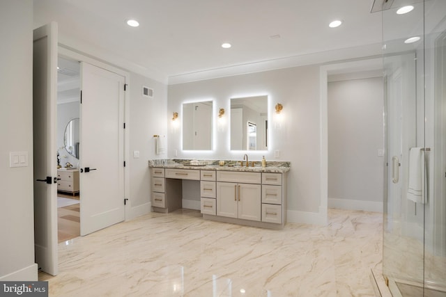 7013 Raleigh Rd, Annandale, VA 22003 - bathroom with vanity, marble finish floor, baseboards, visible vents, and recessed lighting