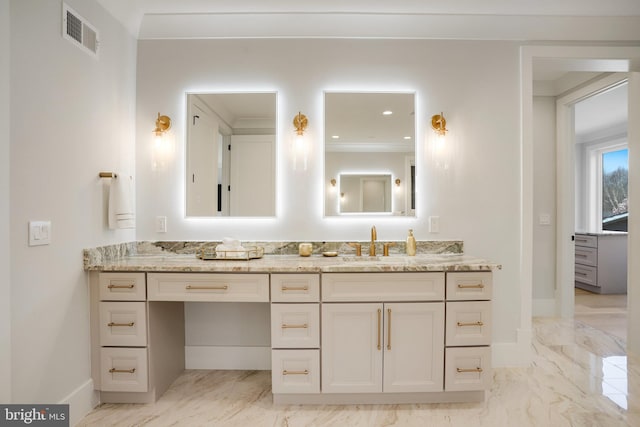 7013 Raleigh Rd, Annandale, VA 22003 - bathroom with baseboards, visible vents, marble finish floor, and vanity