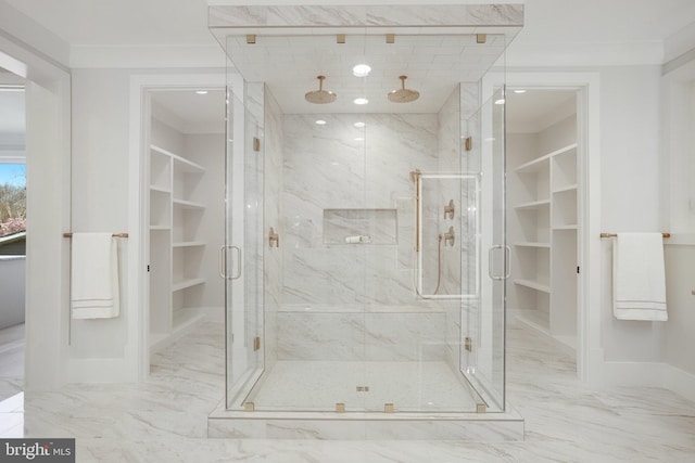 7013 Raleigh Rd, Annandale, VA 22003 - bathroom with a marble finish shower, marble finish floor, a walk in closet, and crown molding