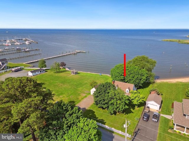 drone / aerial view featuring a water view