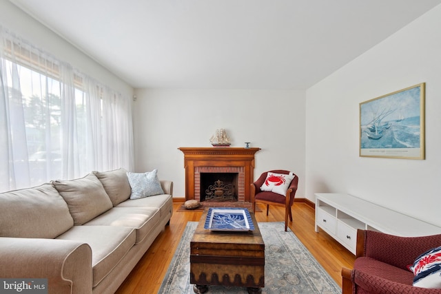 living room with wood-type flooring and a fireplace