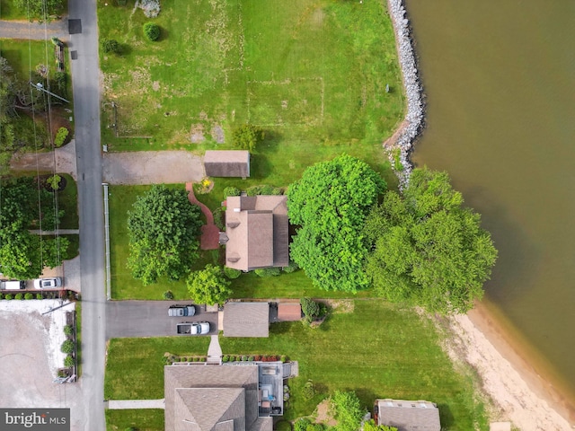 drone / aerial view featuring a water view